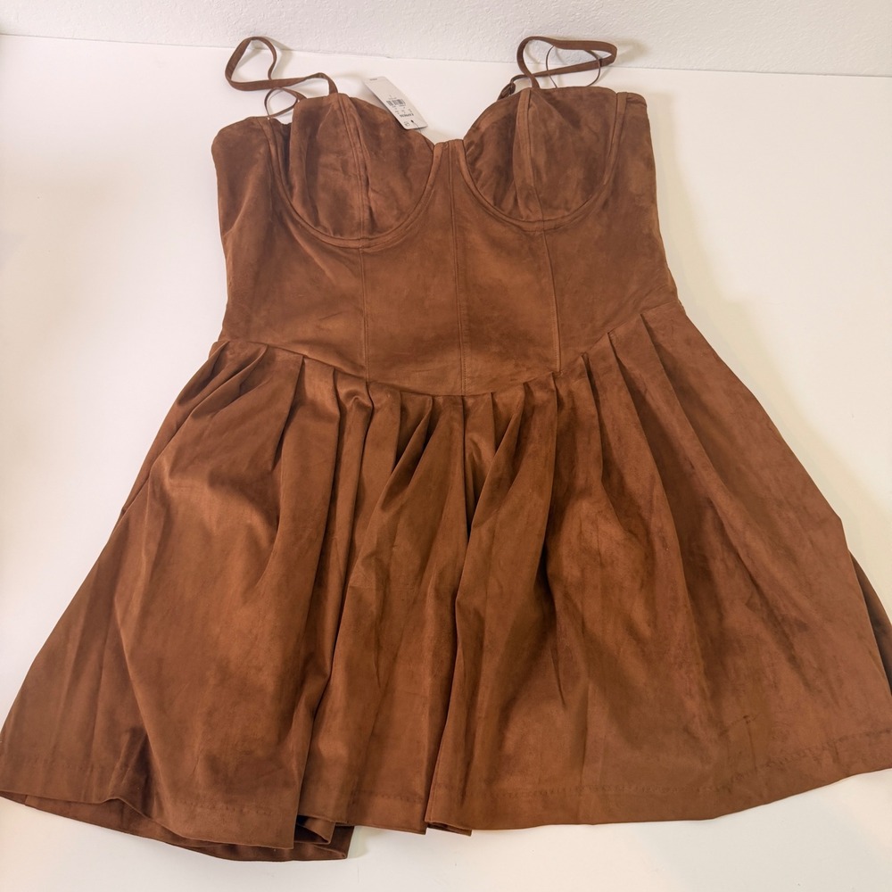 Express Faux Suede Corset Mini Dress Cognac Brown Pleated Sleeveless Large NWT